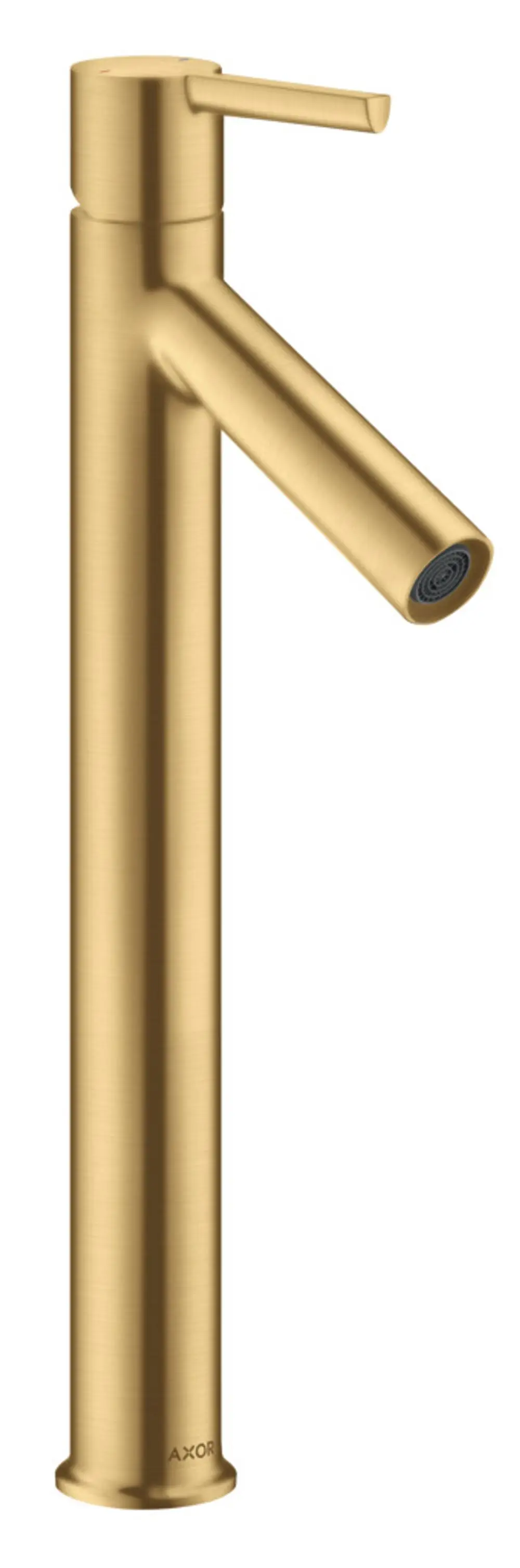 Einhebel-Waschtischmischer in Brushed Gold Optik von AXOR mit einem langen Auslauf und einem seitlichen Hebelgriff für Aufsatzwaschtische.